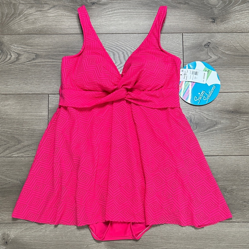 Swim Solutions Crochet Flyaway One Piece Tummy Control Swimsuit Dress Pink‎ 14